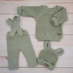 KAZUM 3 cz komplet Sweterek włóczkowy dziergany+legginsy włóczkowe na szelkach+czapka 56-86 green grass