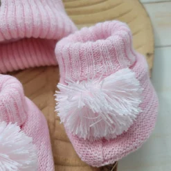 KAZUM 2 cz komplet włóczkowy czapka+buciki rozmiar 56-86 pinky rose