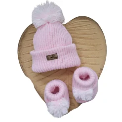KAZUM 2 cz komplet włóczkowy czapka+buciki rozmiar 56-86 pinky rose