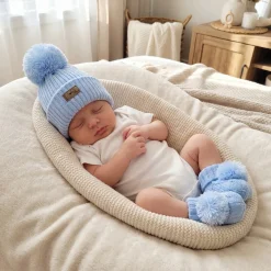 KAZUM 2 cz komplet włóczkowy czapka+buciki rozmiar 56-86 baby blue