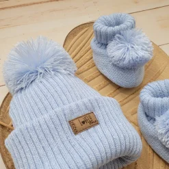 KAZUM 2 cz komplet włóczkowy czapka+buciki rozmiar 56-86 baby blue