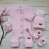 KAZUM 3 cz komplet włóczkowy pajacyk+czapka+buciki 56-86 pinky rose
