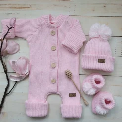 KAZUM 3 cz komplet włóczkowy pajacyk+czapka+buciki 56-86 pinky rose
