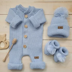 KAZUM 3 cz komplet włóczkowy pajacyk+czapka+buciki 56-86 baby blue
