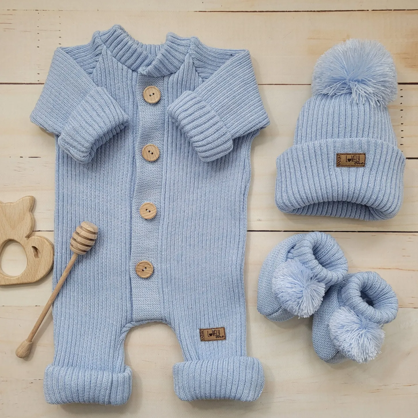 KAZUM 3 cz komplet włóczkowy pajacyk+czapka+buciki 56-86 baby blue