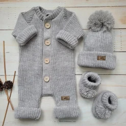 KAZUM 3 cz komplet włóczkowy pajacyk+czapka+buciki 56-86 hazelnut