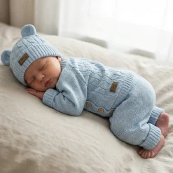 KAZUM 3 cz komplet włóczkowy rosnący z dzieckiem - sweterek, spodnie i czapka 56-86 baby blue