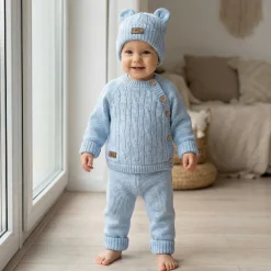 KAZUM 3 cz komplet włóczkowy rosnący z dzieckiem - sweterek, spodnie i czapka 56-86 baby blue