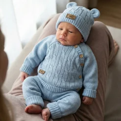 KAZUM 3 cz komplet włóczkowy rosnący z dzieckiem - sweterek, spodnie i czapka 56-86 baby blue