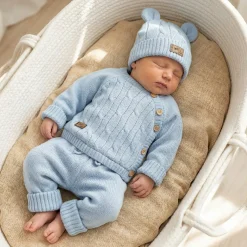KAZUM 3 cz komplet włóczkowy rosnący z dzieckiem - sweterek, spodnie i czapka 56-86 baby blue