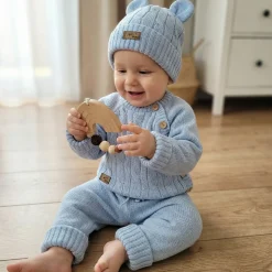 KAZUM 3 cz komplet włóczkowy rosnący z dzieckiem - sweterek, spodnie i czapka 56-86 baby blue