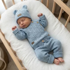 KAZUM 3 cz komplet włóczkowy rosnący z dzieckiem - sweterek, spodnie i czapka 56-86 baby blue