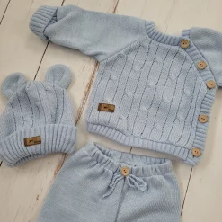 KAZUM 3 cz komplet włóczkowy rosnący z dzieckiem - sweterek, spodnie i czapka 56-86 baby blue