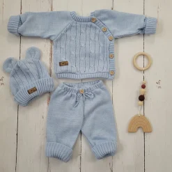 KAZUM 3 cz komplet włóczkowy rosnący z dzieckiem - sweterek, spodnie i czapka 56-86 baby blue