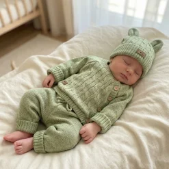 KAZUM 3 cz komplet włóczkowy rosnący z dzieckiem - sweterek, spodnie i czapka 56-86 olive green