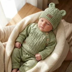 KAZUM 3 cz komplet włóczkowy rosnący z dzieckiem - sweterek, spodnie i czapka 56-86 olive green