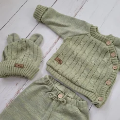 KAZUM 3 cz komplet włóczkowy rosnący z dzieckiem - sweterek, spodnie i czapka 56-86 olive green
