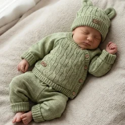KAZUM 3 cz komplet włóczkowy rosnący z dzieckiem - sweterek, spodnie i czapka 56-86 olive green