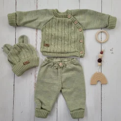 KAZUM 3 cz komplet włóczkowy rosnący z dzieckiem - sweterek, spodnie i czapka 56-86 olive green