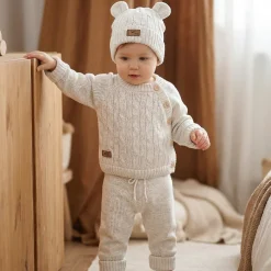 KAZUM 3 cz komplet włóczkowy rosnący z dzieckiem - sweterek, spodnie i czapka 56-86 cappuccino
