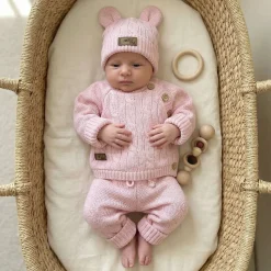 KAZUM 3 cz komplet włóczkowy rosnący z dzieckiem - sweterek, spodnie i czapka 56-86 pinky rose
