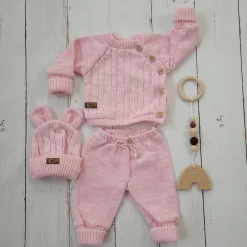 KAZUM 3 cz komplet włóczkowy rosnący z dzieckiem - sweterek, spodnie i czapka 56-86 pinky rose