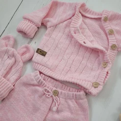 KAZUM 3 cz komplet włóczkowy rosnący z dzieckiem - sweterek, spodnie i czapka 56-86 pinky rose
