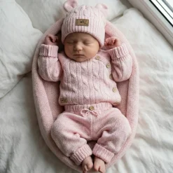 KAZUM 3 cz komplet włóczkowy rosnący z dzieckiem - sweterek, spodnie i czapka 56-86 pinky rose
