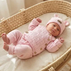 KAZUM 3 cz komplet włóczkowy rosnący z dzieckiem - sweterek, spodnie i czapka 56-86 pinky rose