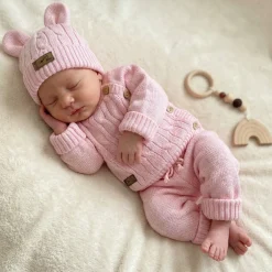 KAZUM 3 cz komplet włóczkowy rosnący z dzieckiem - sweterek, spodnie i czapka 56-86 pinky rose