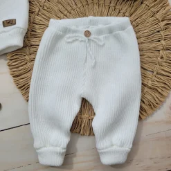 KAZUM 3 cz komplet włóczkowy Sweterek dziergany+spodnie +czapka 56-86 coconut