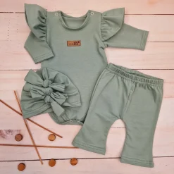 KAZUM 3cz piękny komplet body + spodnie dzwony + czapka 56-86 olive green
