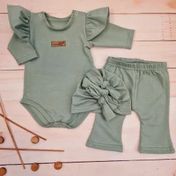 KAZUM 3cz piękny komplet body + spodnie dzwony + czapka 56-86 olive green