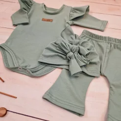 KAZUM 3cz piękny komplet body + spodnie dzwony + czapka 56-86 olive green