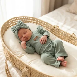 KAZUM 3cz piękny komplet body + spodnie dzwony + czapka 56-86 olive green