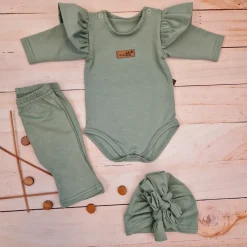 KAZUM 3cz piękny komplet body + spodnie dzwony + czapka 56-86 olive green
