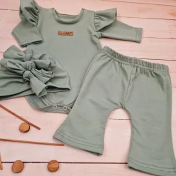 KAZUM 3cz piękny komplet body + spodnie dzwony + czapka 56-86 olive green