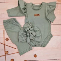 KAZUM 3cz piękny komplet body + spodnie dzwony + czapka 56-86 olive green