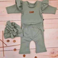 KAZUM 3cz piękny komplet body + spodnie dzwony + czapka 56-86 olive green