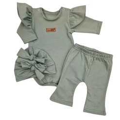 KAZUM 3cz piękny komplet body + spodnie dzwony + czapka 56-86 olive green
