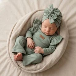 KAZUM 3cz piękny komplet body + spodnie dzwony + czapka 56-86 olive green