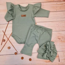 KAZUM 3cz piękny komplet body + spodnie dzwony + czapka 56-86 olive green
