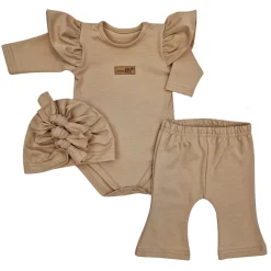 KAZUM 3cz piękny komplet body + spodnie dzwony + czapka 56-86 cappuccino vibe