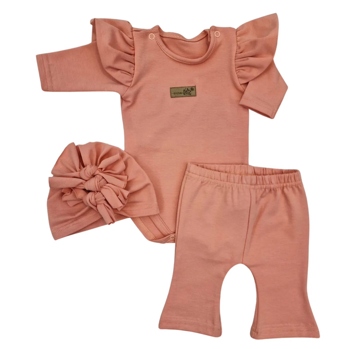 KAZUM 3cz piękny komplet body + spodnie dzwony + czapka 56-86 mango tango