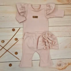 KAZUM 3cz piękny komplet body + spodnie dzwony + czapka 56-86 powder pink