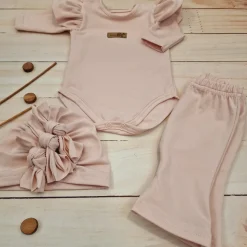 KAZUM 3cz piękny komplet body + spodnie dzwony + czapka 56-86 powder pink