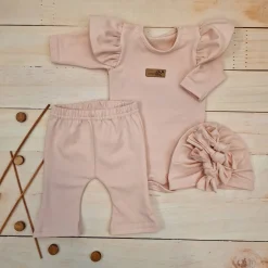 KAZUM 3cz piękny komplet body + spodnie dzwony + czapka 56-86 powder pink