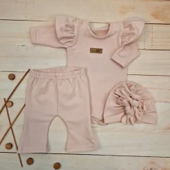 KAZUM 3cz piękny komplet body + spodnie dzwony + czapka 56-86 powder pink