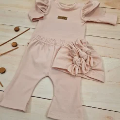 KAZUM 3cz piękny komplet body + spodnie dzwony + czapka 56-86 powder pink