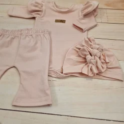 KAZUM 3cz piękny komplet body + spodnie dzwony + czapka 56-86 powder pink